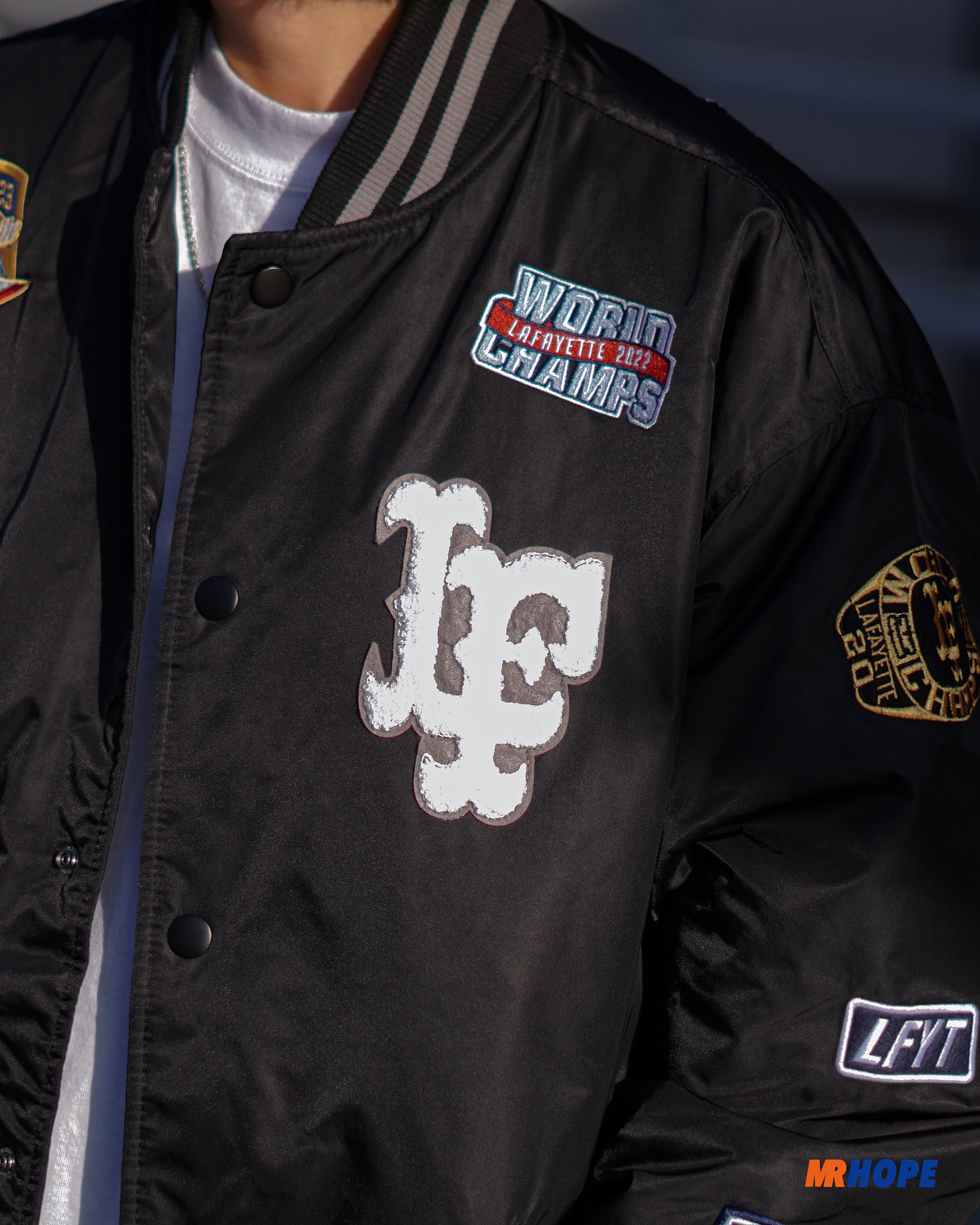 All Over Emblem Satin Varsity Jacket