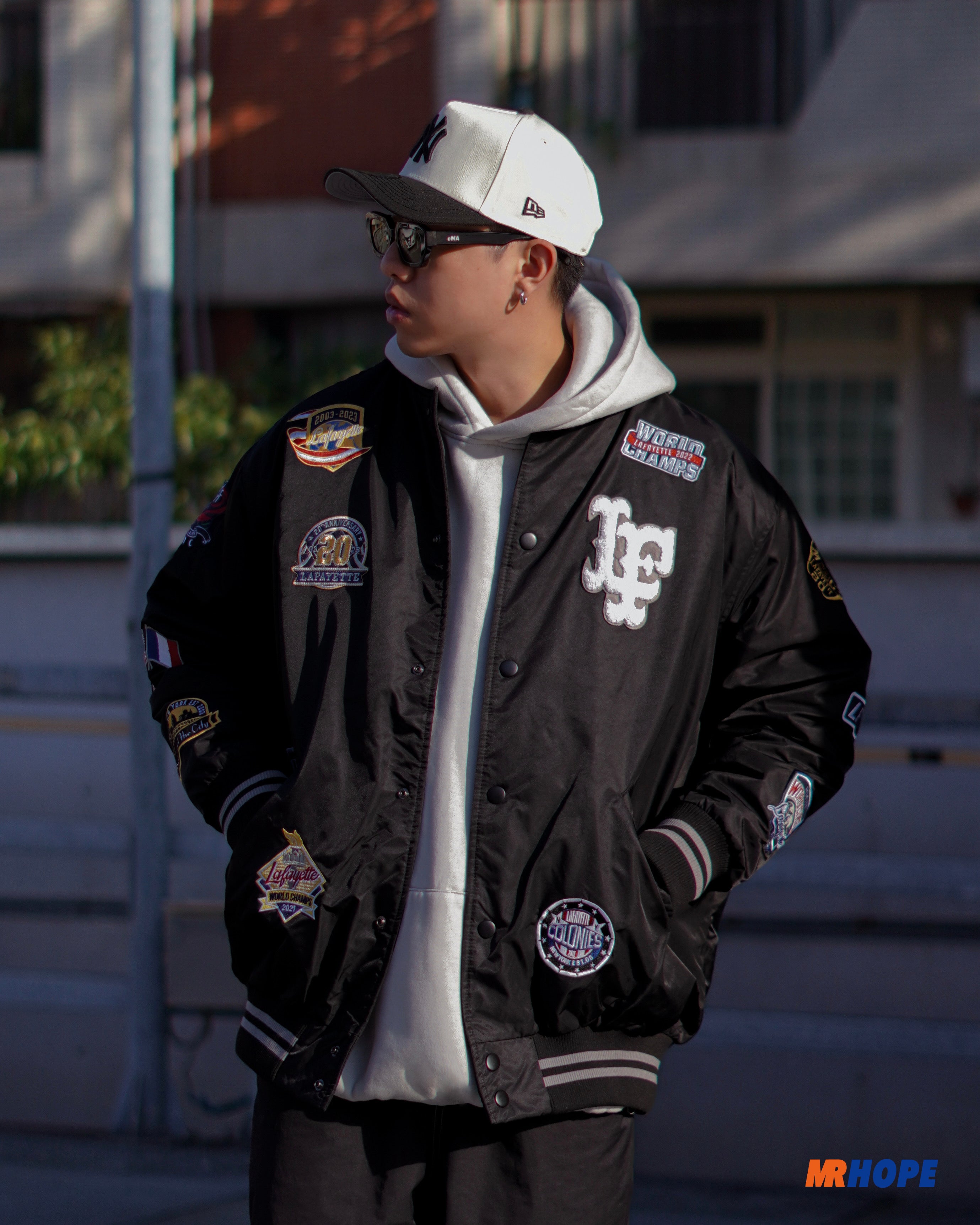 All Over Emblem Satin Varsity Jacket