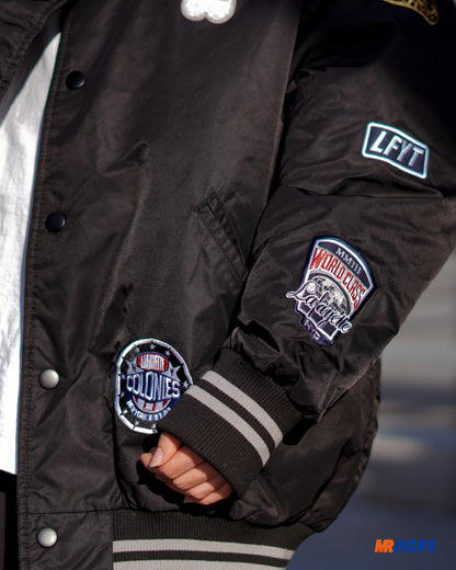 All Over Emblem Satin Varsity Jacket