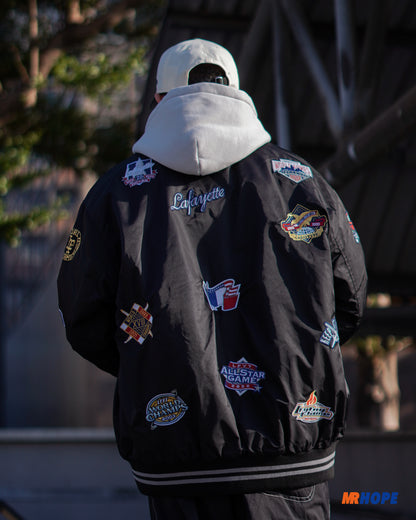 All Over Emblem Satin Varsity Jacket